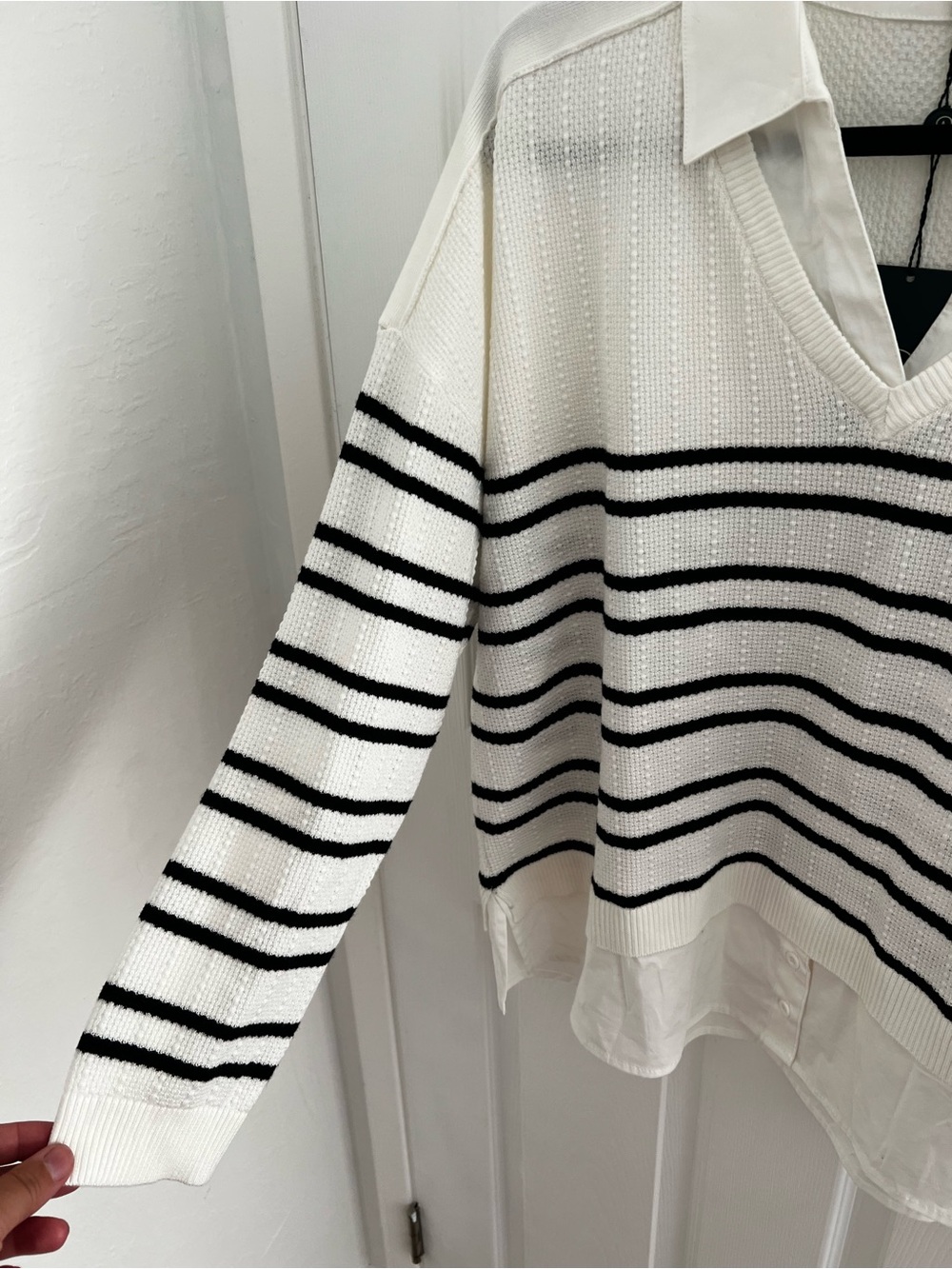 Adrianna Papell White V-Neck Layered Sweater with Black Stripes - Picture 3 of 14